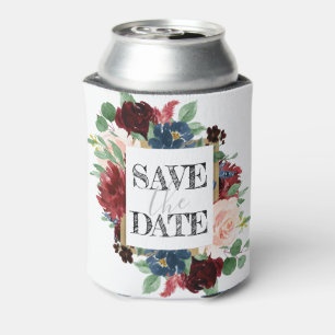 Boho Bloom Burgundy Red and Navy Save the Date Can Cooler