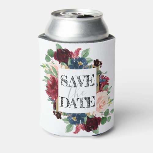 Boho Bloom  Burgundy Red and Navy Save the Date Can Cooler