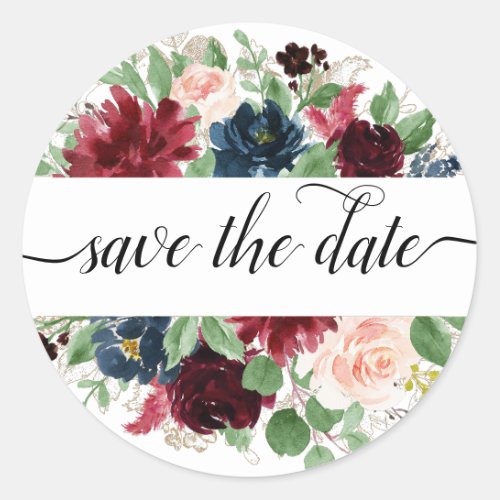 Boho Bloom  Burgundy Red and Navy Save the Date Classic Round Sticker