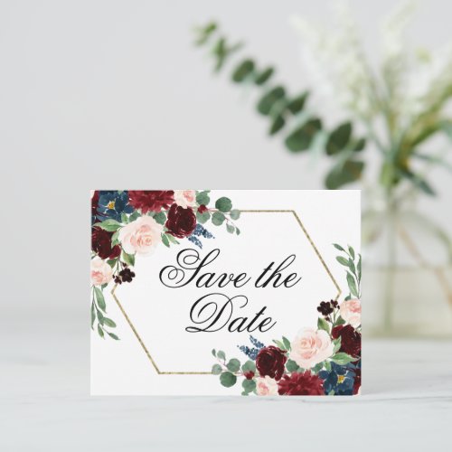 Boho Bloom  Burgundy Red and Navy Save the Date Postcard