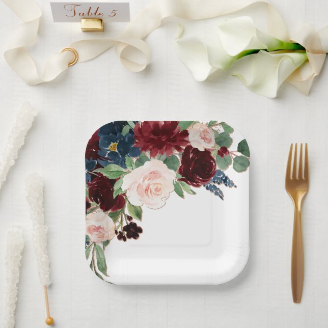 Boho Bloom | Burgundy Red Blush and Navy Blue Paper Plates (Wedding)