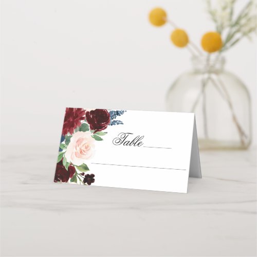 Boho Bloom  Burgundy Red Blush Navy Blue Bouquet Place Card