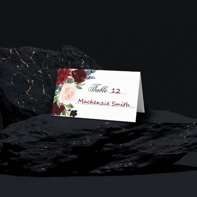 Boho Bloom | Burgundy Red Blush Navy Blue Bouquet Place Card (Creator Uploaded)