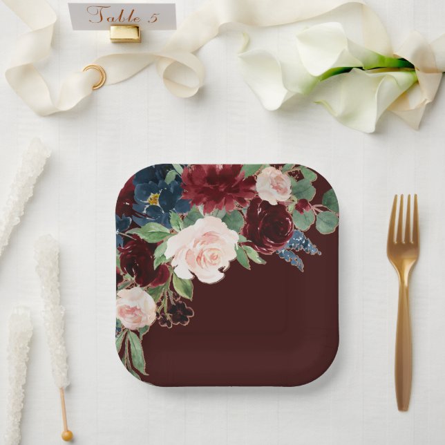 Boho Bloom | Dark Burgundy and Navy Blue Bouquet Paper Plates (Wedding)