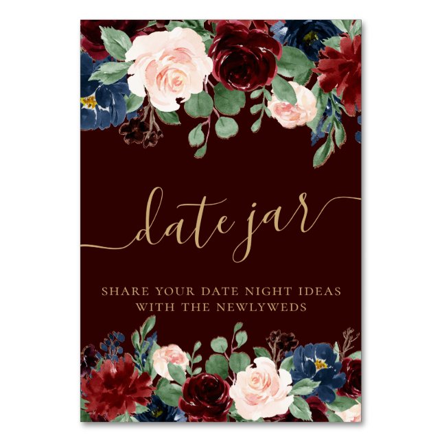 Boho Bloom | Dark Burgundy and Navy Blue Date Jar Table Number (Front)