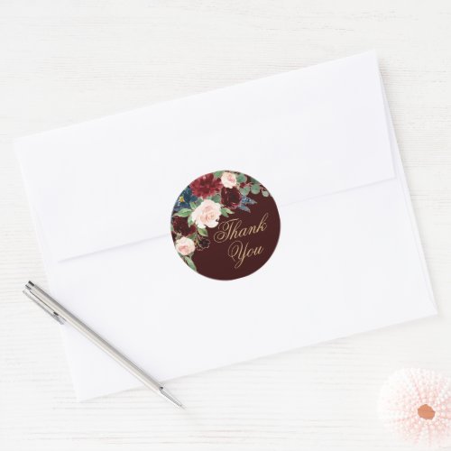 Boho Bloom  Dark Burgundy and Navy Blue Thank You Classic Round Sticker