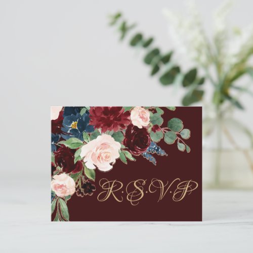 Boho Bloom  Dark Elegant Burgundy and Navy RSVP Postcard