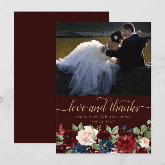 Boho Bloom | Dark Elegant Garland Photo Love and Thank You Card (Front/Back)