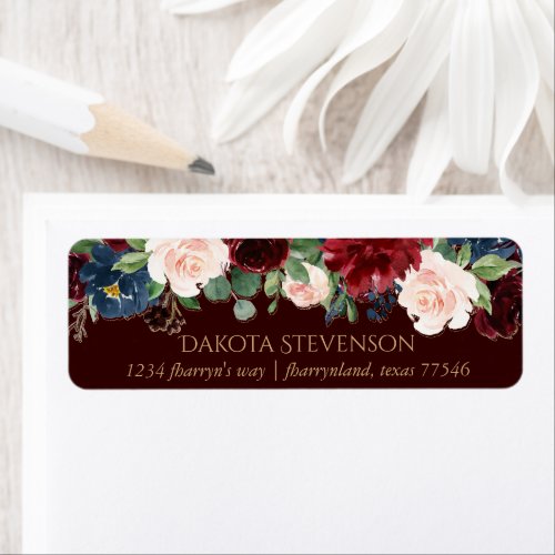 Boho Bloom  Dark Elegant Red and Navy Address Label