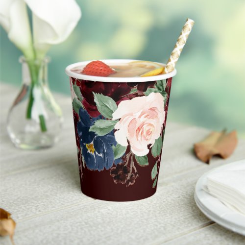 Boho Bloom  Dark Elegant Red Blush and Navy Blue Paper Cups