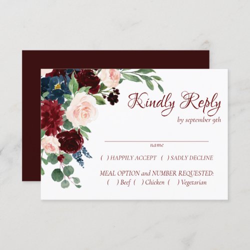 Boho Bloom  Elegant Burgundy and Navy Blue Entree RSVP Card