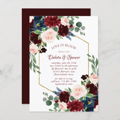 Boho Bloom  Elegant Burgundy and Navy Blue Shower Invitation