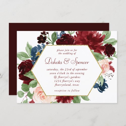 Boho Bloom  Elegant Burgundy and Navy Blue Wreath Invitation