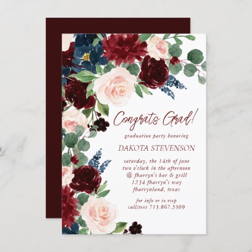 Boho Bloom  Elegant Burgundy and Navy Graduation Invitation