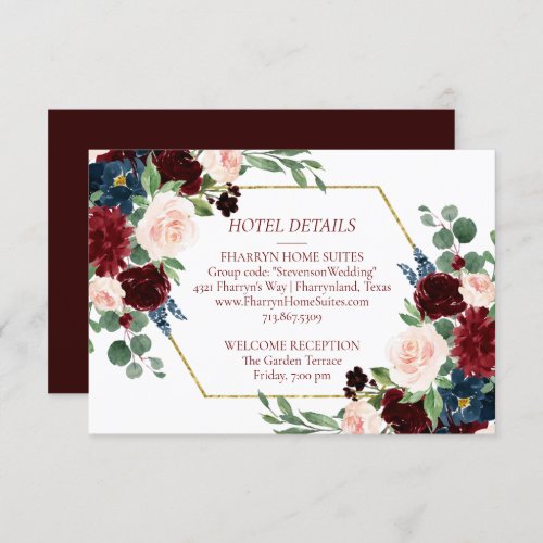Boho Bloom  Elegant Burgundy Floral Accommodation Enclosure Card