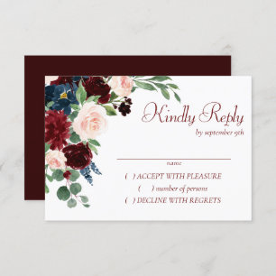 Boho Bloom Elegant Burgundy Floral Gold Frame RSVP Card
