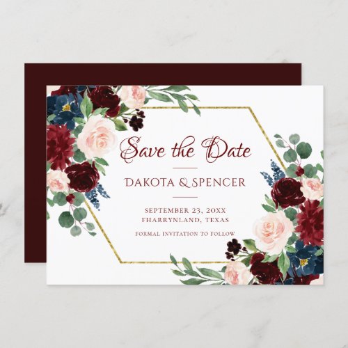 Boho Bloom  Elegant Burgundy Floral Gold Frame Save The Date