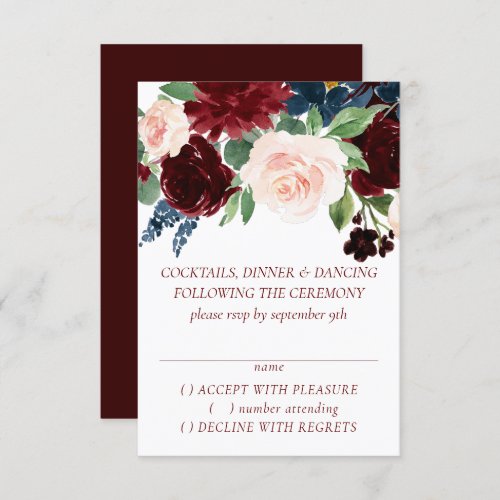 Boho Bloom  Elegant Burgundy Red and Navy Blue RSVP Card