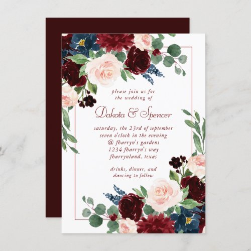 Boho Bloom  Elegant Burgundy Red Bouquet Frame Invitation