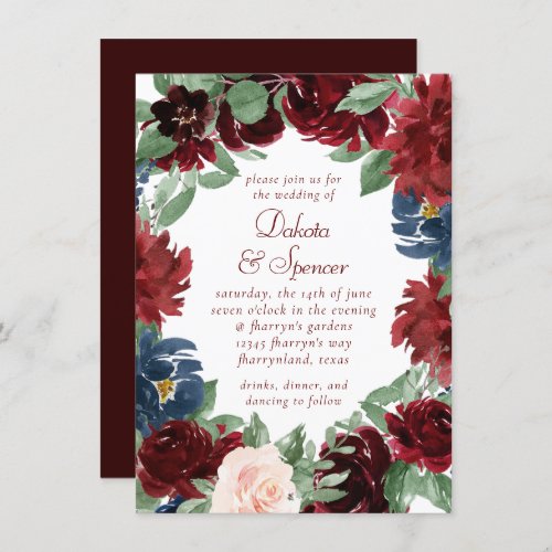 Boho Bloom  Elegant Burgundy Red Floral Wreath Invitation