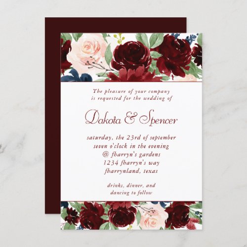 Boho Bloom  Elegant Dark Red and Navy Garland Invitation