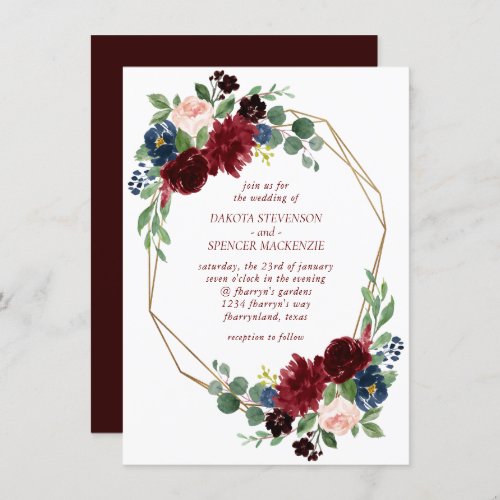 Boho Bloom  Elegant Marsala Red Floral Gold Frame Invitation