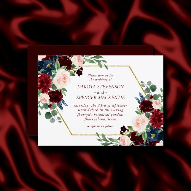 Boho Bloom | Elegant Marsala Red Floral Gold Frame Invitation (Creator Uploaded)