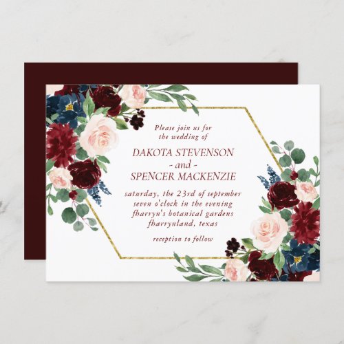 Boho Bloom  Elegant Marsala Red Floral Gold Frame Invitation