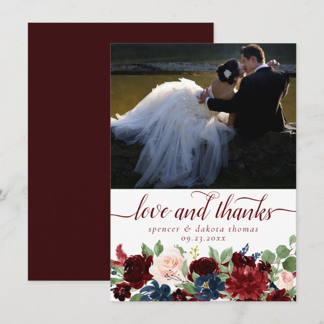 Boho Bloom | Elegant Marsala Red Photo Love and Thank You Card (Front/Back)