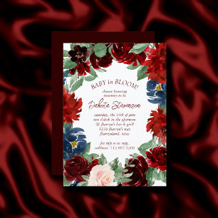 Boho Bloom   Elegant Red Blush and Navy Blue Roses Invitation