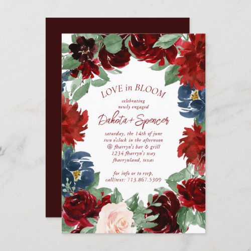 Boho Bloom  Elegant Red Floral Wreath Engagement Invitation