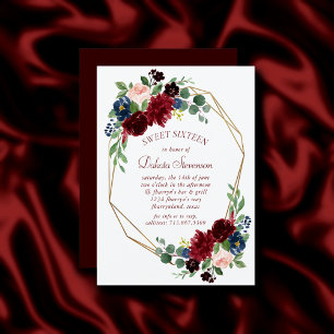 Boho Bloom Elegant Red Rose Floral Sweet Sixteen Invitation