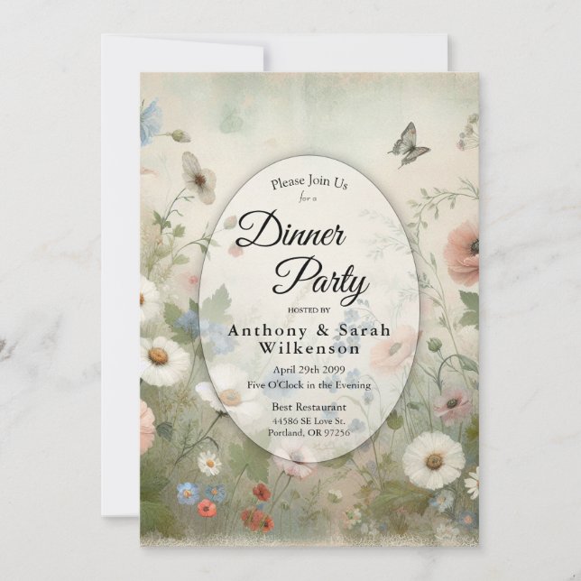 Boho Blooms and Vintage Blossoms Restaurant Dinner Invitation (Front)