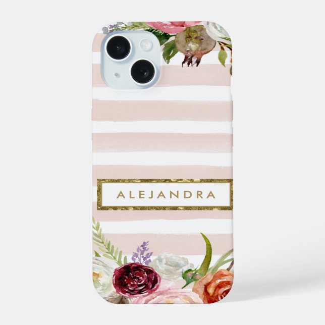 Boho Blooms Blush Stripe Monogram Iphone Case (Back)