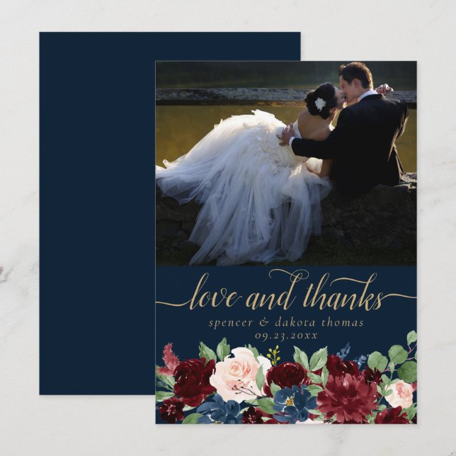 Boho Blooms | Dark Navy and Red Photo Love and  Thank You Card (Front/Back)