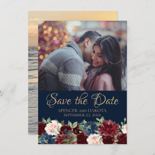 Boho Blooms  Dark Navy Blue and Burgundy 2 Photo Save The Date