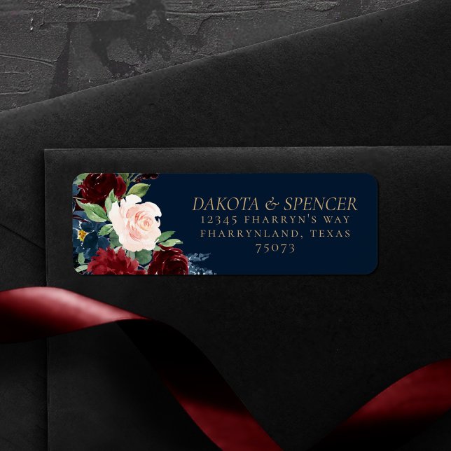 Boho Blooms | Dark Navy Blue and Burgundy Address Label (Creator Uploaded)