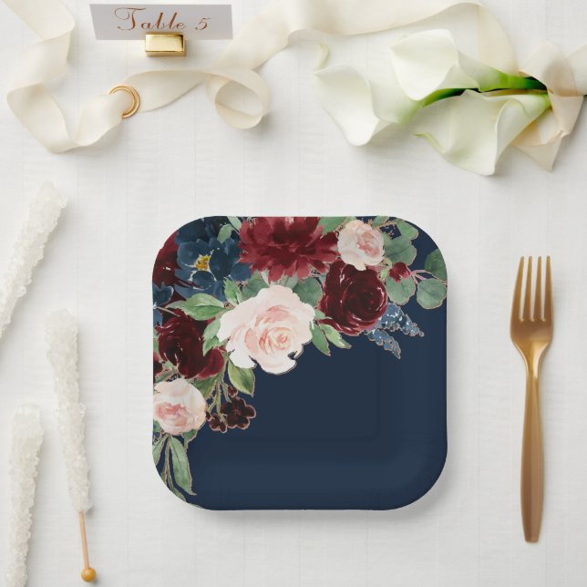 Boho Blooms | Dark Navy Blue and Burgundy Bouquet Paper Plates (Wedding)
