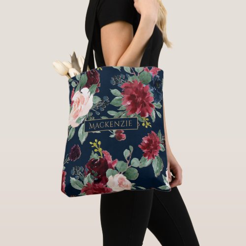 Boho Blooms  Dark Navy Blue and Burgundy Custom Tote Bag