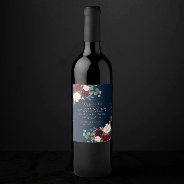 Boho Blooms | Dark Navy Blue and Burgundy Favor Wine Label (Creator Uploaded)