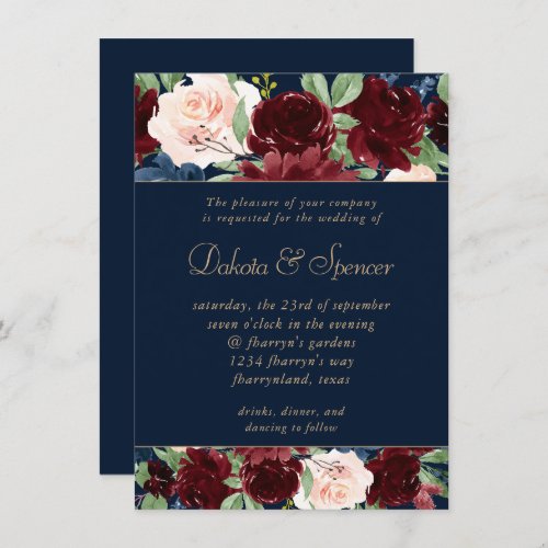 Boho Blooms  Dark Navy Blue and Burgundy Garland Invitation