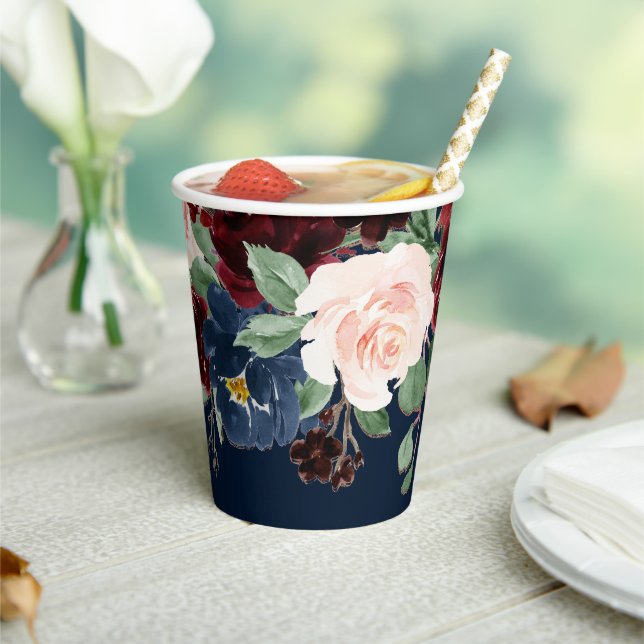 Boho Blooms | Dark Navy Blue and Burgundy Garland Paper Cups (Insitu)