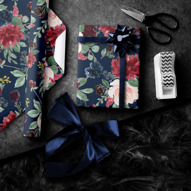 Boho Blooms | Dark Navy Blue and Burgundy Pattern Wrapping Paper (Creator Uploaded)
