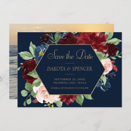 Boho Blooms  Dark Navy Blue and Burgundy Red Save The Date