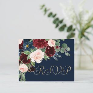 Boho Blooms Dark Navy Blue and Burgundy Response Postcard