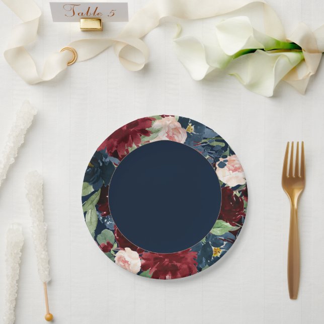 Boho Blooms | Dark Navy Blue and Burgundy Wreath Paper Plates (Wedding)