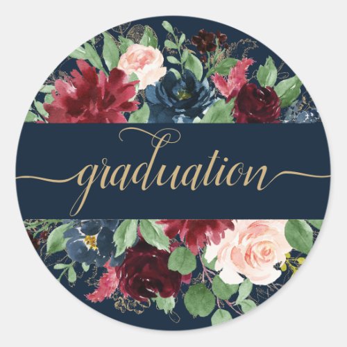 Boho Blooms  Dark Navy Blue and Red Save the Date Classic Round Sticker