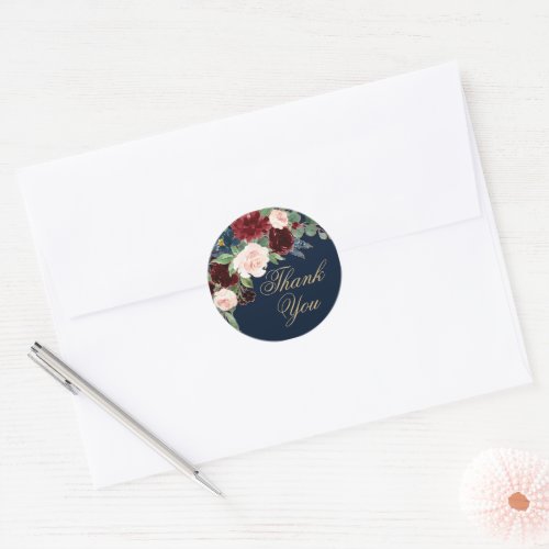 Boho Blooms  Dark Navy Blue and Red Thank You Classic Round Sticker