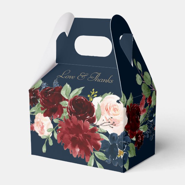 Boho Blooms | Dark Rustic Navy and Red Thank You Favor Boxes (Front Side)