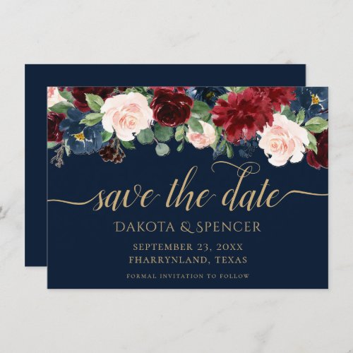 Boho Blooms  Dark Rustic Navy Blue and Burgundy Save The Date